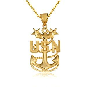 14K Solid Gold US Navy Master Chief Petty Officer Anchor Pendant Necklace